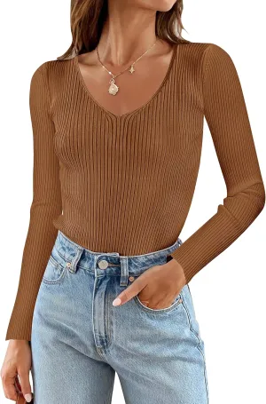 ZESICA Women's Fall Long Sleeve V Neck T Shirts Ribbed Knit Sweater Slim Fit Solid Basic Casual Tee Tops