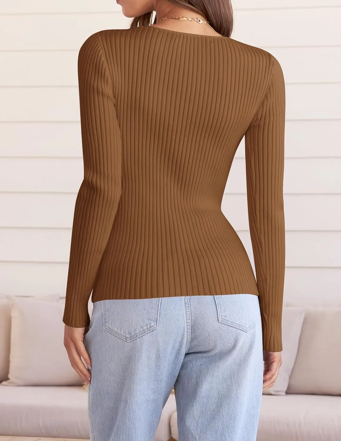 ZESICA Women's Fall Long Sleeve V Neck T Shirts Ribbed Knit Sweater Slim Fit Solid Basic Casual Tee Tops