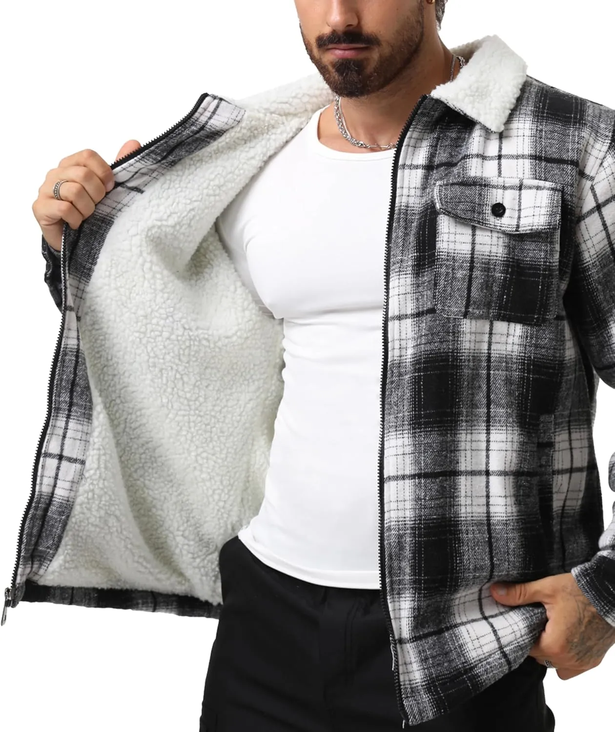 ZITY Mens Flannel Jacket Lapel Full Zip Up Fleece Plaid Sherpa Lined Coat