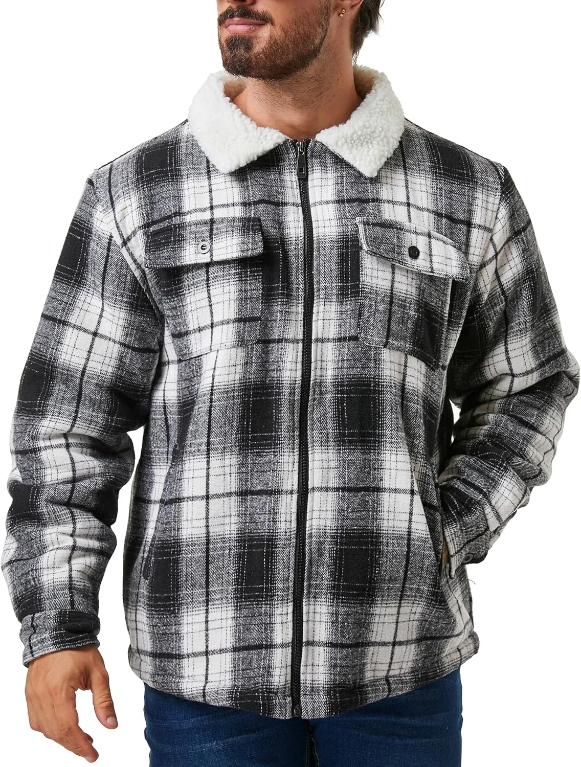 ZITY Mens Flannel Jacket Lapel Full Zip Up Fleece Plaid Sherpa Lined Coat