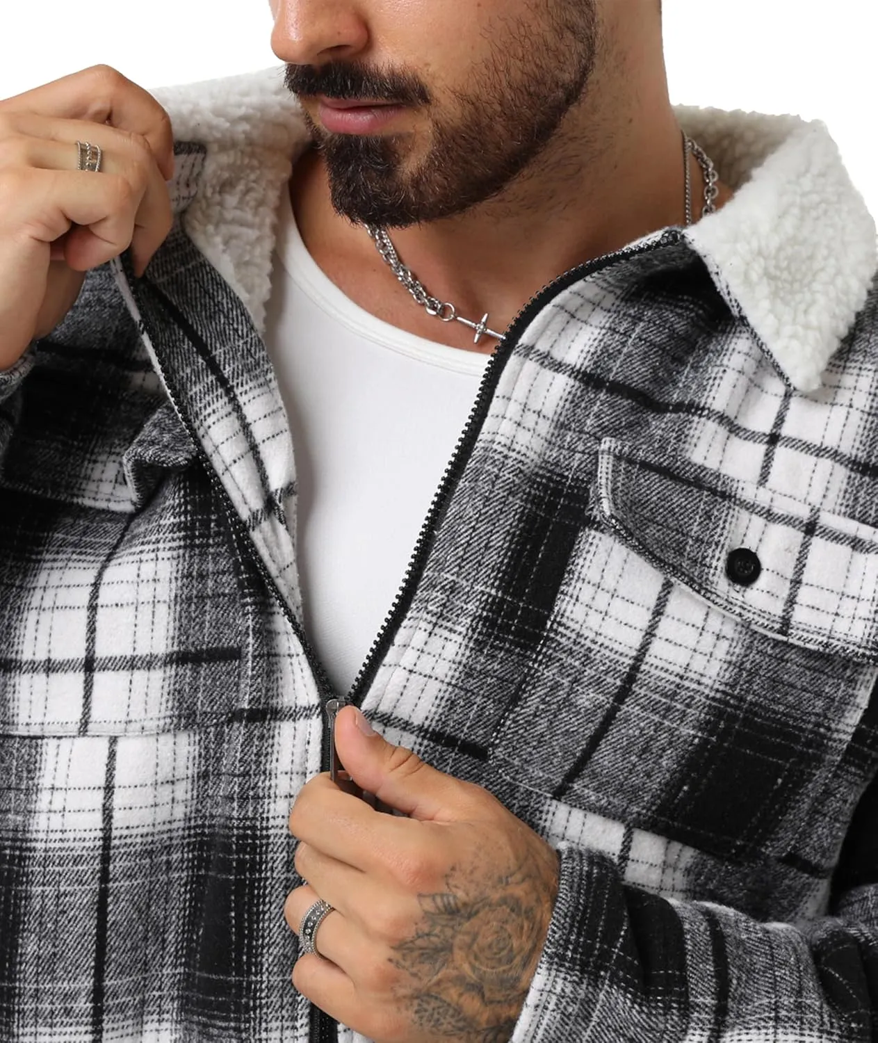 ZITY Mens Flannel Jacket Lapel Full Zip Up Fleece Plaid Sherpa Lined Coat