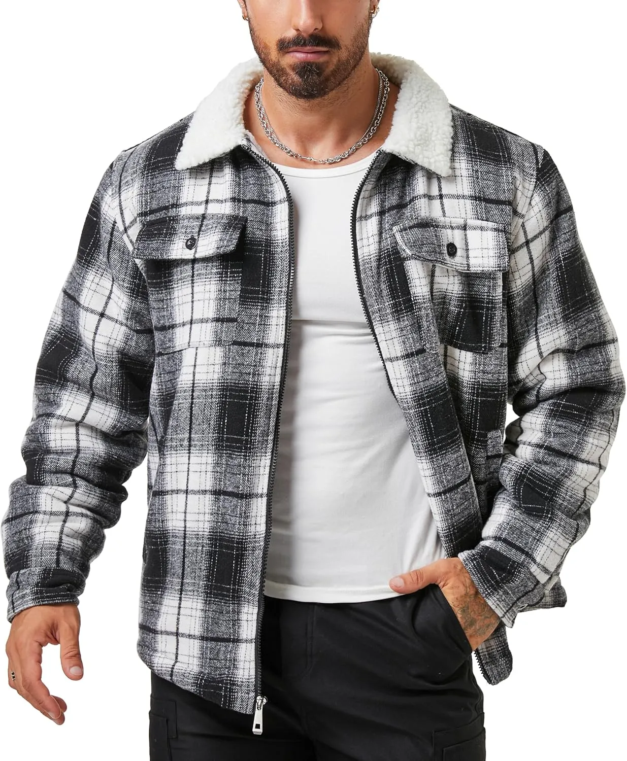ZITY Mens Flannel Jacket Lapel Full Zip Up Fleece Plaid Sherpa Lined Coat